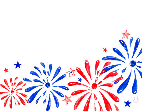 Watercolor firework saluting festival, hand painted festive banner for holiday events, memorial day, New Year, 4th of july. On white background.