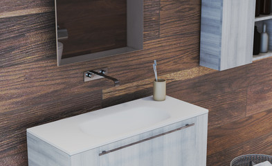 View of a large bathroom with wooden walls. Modern design.. 3D rendering
