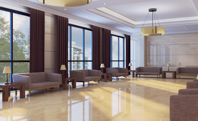 View of the interior of the lobby in the office building. Reception Business background.. 3D...