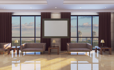 Reception interior with large leather sofas. Lobby. Business background. Blank paintings.  Mockup.. 3D rendering