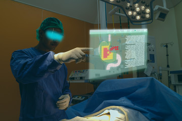 smart medical technology concept, doctor use glasses to use augmented reality to show the injury of...