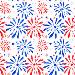 Watercolor red and blue colored fireworks seamless pattern. Independence or memorial day background. Hand painted salute festival for cards design, 4th of july greetings, new year congratulations.