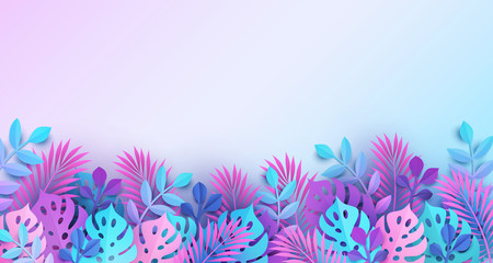 Colorful tropical leaves border in modern paper cutting style. Banner, pastel botanical backdrop, jungle nature, bright colors of blue, pink and purple hues. Place for text. Digital craft style