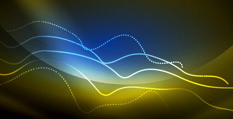 Glowing abstract wave on dark, shiny motion, magic space light. Techno abstract background