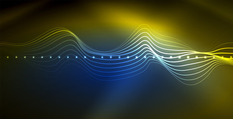 Glowing abstract wave on dark, shiny motion, magic space light. Techno abstract background