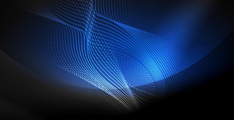 Glowing abstract wave on dark, shiny motion, magic space light. Techno abstract background