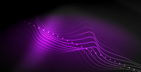Glowing abstract wave on dark, shiny motion, magic space light. Techno abstract background