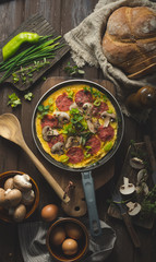 Homemade delish egg omelette with salami