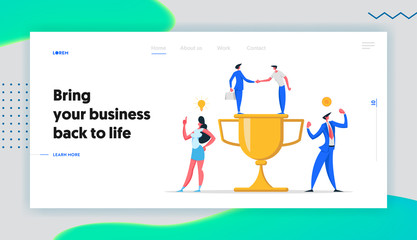 Business Team Success Concept with Characters and Cup Landing Page. Teamwork Achievement, Partnership Man and Woman Celebrating with Trophy Banner Website. Vector flat illustration