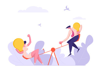 Business Competition Concept with Man and Woman Characters with Light Bulb. Business Challenge Opportunity. Businesswoman Celebrating Victory. Vector flat illustration