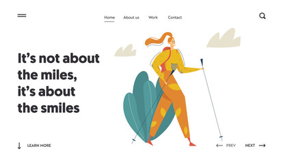 Hiking Tourist in the Mountains Adventure Website Landing Page. Traveling Woman with Backpack Walking and Trekking. Tourism Concept with Backpacker Character Banner. Vector flat cartoon illustration