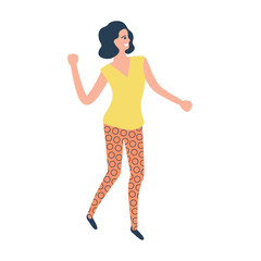 Young girl is dancing at dance party in casual clothes. Smiling young woman performs dance moves. Isolated Vector Illustration