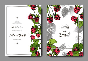 Vector Raspberry healthy food. Red and green engraved ink art. Wedding background card floral decorative border.