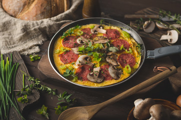 Homemade delish egg omelette with salami