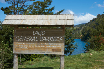 Wooden sign for Lago General Carrera in Patagonia, Chile