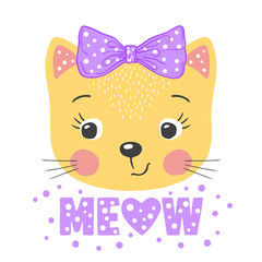 Cat girl face with bow. Meow slogan. Cute cartoon vector illustration design for t-shirt graphics, fashion prints