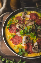Homemade delish egg omelette with salami