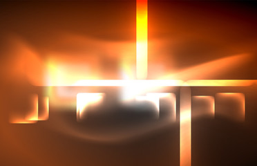 Neon square and line lights on dark background with blurred effects