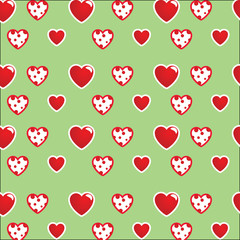 Beautiful pattern: white-red hearts on a bright green background. For textiles, fabrics. Romantic stylish print, texture in the style of pop art. Vector.
