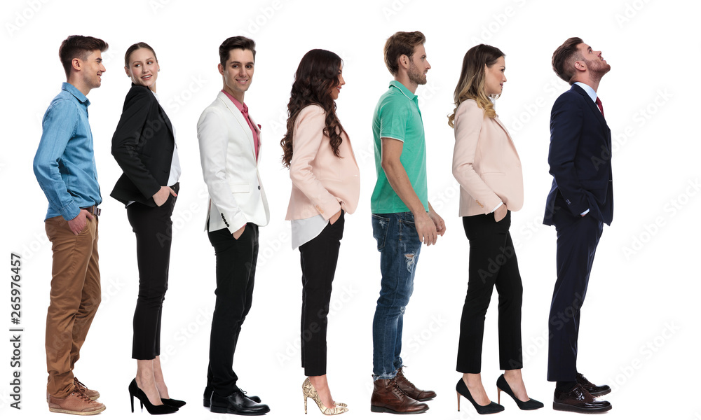 Canvas Prints young businessman looks up while standing in line