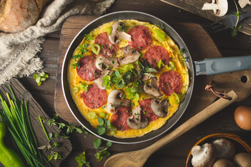 Homemade delish egg omelette with salami