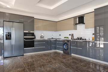 Luxury modern white, beige and grey kitchen interior
