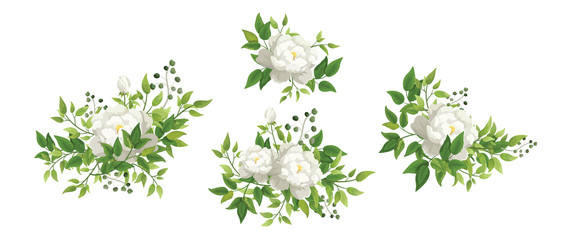 Vector set floral bouquet design garden white flower rose, peony. Natural branches, green leaves, herbs. Vector elegant cute rustic greeting, Invitation, wedding, communion, postcard 