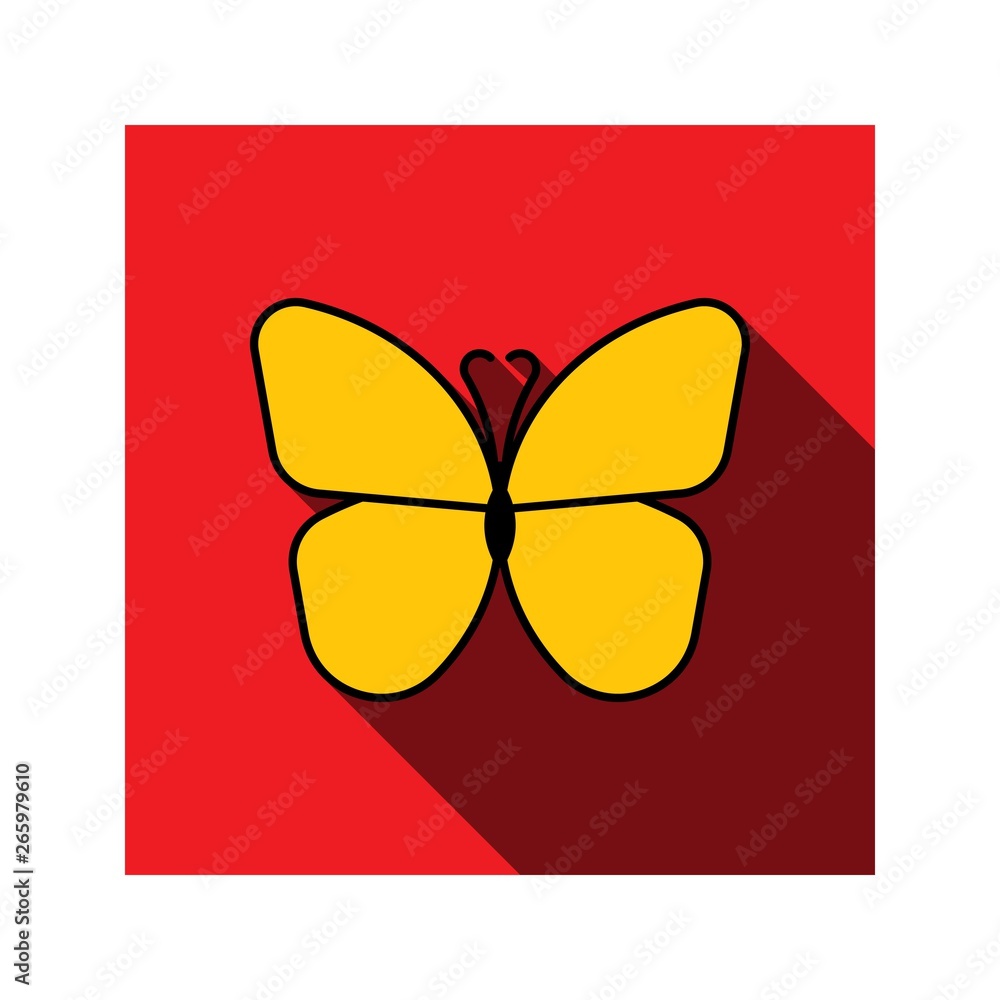 Aufkleber yellow butterfly icon with long shadow in red square on white background. flat vector illustration e