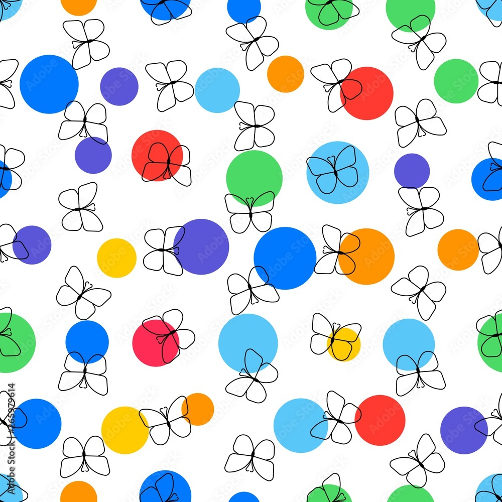 Aufkleber line butterfly icons and colorful circles seamless pattern on white background. flat vector illustra
