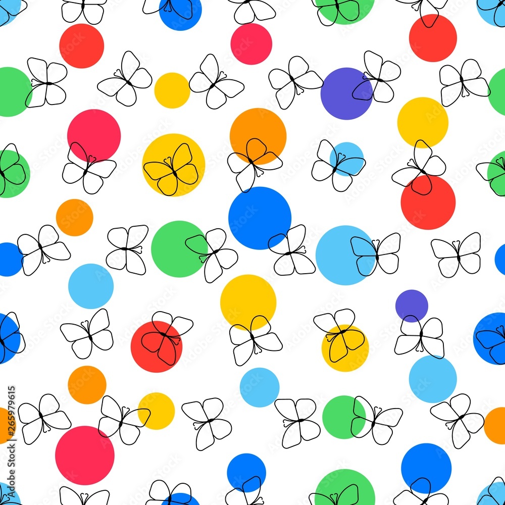 Aufkleber line butterfly icons and colorful circles seamless pattern on white background. flat vector illustra
