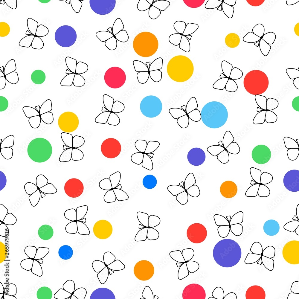 Aufkleber line butterfly icons and colorful circles seamless pattern on white background. flat vector illustra