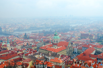 Fototapeta na wymiar Beautiful top view of historical center of Prague and Vltava River, Czech Republic