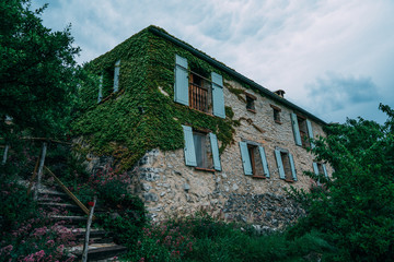 Exterior of a house in ivy. A plants for decorating wall of a Farm house. Old building with windows cover with creeper plant wall background. Picturesque countryside of France. Eco tourism.