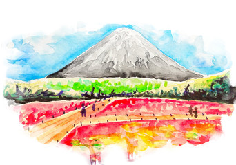Beautiful sunny day with mount watercolor illustration