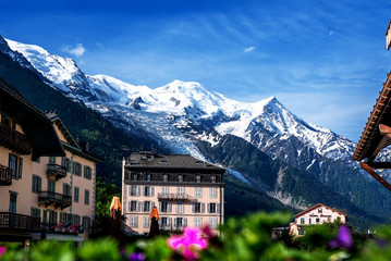 Amazing scenery of the Alps from Chamonix France. Chamonix downtown in summer. Beautiful buildings...