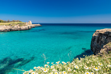 Archaeological site and tourist resort of Roca Vecchia, Puglia, Salento, Italy. Turquoise sea,...
