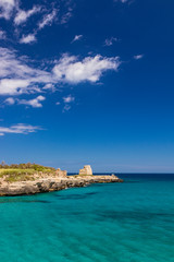 Fototapeta na wymiar The important archaeological site and tourist resort of Roca Vecchia, Puglia, Salento, Italy. Turquoise sea, clear blue sky, rocks, sun, lush vegetation in summer. The sixteenth-century lookout tower