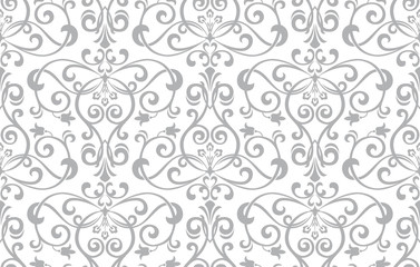Floral pattern. Vintage wallpaper in the Baroque style. Seamless vector background. White and grey ornament for fabric, wallpaper, packaging. Ornate Damask flower ornament.