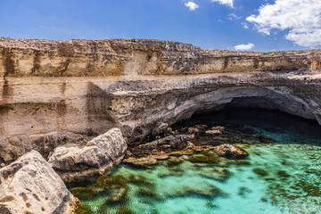 Archaeological site and tourist resort of Roca Vecchia, Puglia, Salento, Italy. Turquoise sea,...