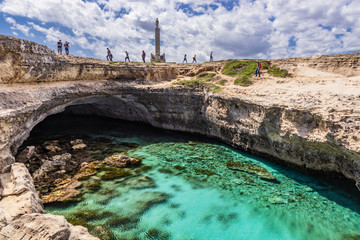 Archaeological site and tourist resort of Roca Vecchia, Puglia, Salento, Italy. Turquoise sea,...