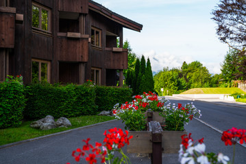 Chamonix Mont Blanc village with high alpine mountains range in french Alps landscapes with...