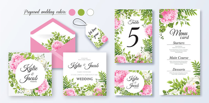 Wedding set square invitation, menu, envelope Floral design green watercolor fern leaves flower white pink foliage greenery decorative frame print Vector elegant cute rustic greeting invite postcard
