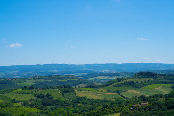 Beautiful landscape of vineyards. Chianti region in summer season. View of countryside and chianti vernaccia vineyards from San Gimignano. Tuscany, Italy, Europe. Summer, holiday, traveling concept.