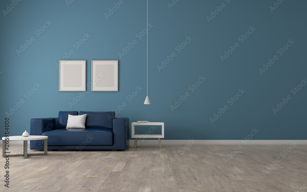 Poster View of living room in minimal style with sofa and furniture on laminate floor.Perspective of minimal design architecture. 3d rendering.	