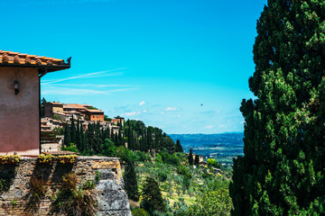 Landscape of the Tuscany seen from the walls of Montepulciano, Italy. Culture travel holiday relaxation concept.