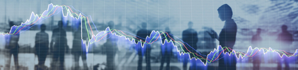 Business Website Banner Header. Industry background mixed media. People silhouettes. Stock market graph.