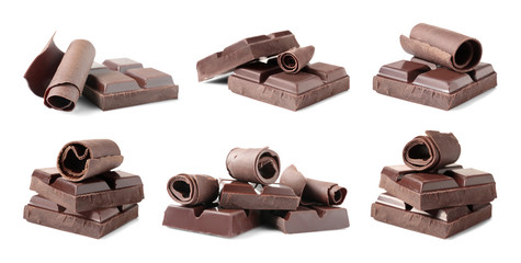 Set of delicious chocolate pieces and curls on white background