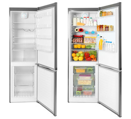 Set of modern refrigerators on white background