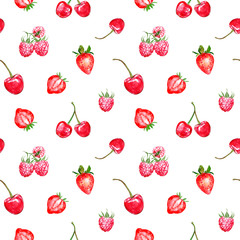 Watercolor red berries seamless pattern on white background. Fresh summer fruits print. Strawberries, cherry, rasberry.