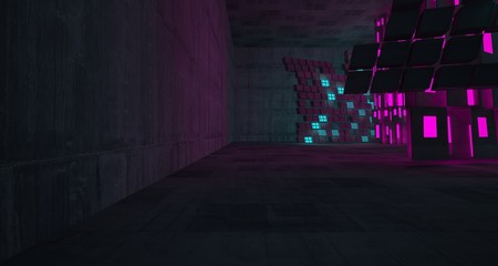 Abstract  Concrete Futuristic Sci-Fi interior With Pink And Blue Glowing Neon Tubes . 3D illustration and rendering.